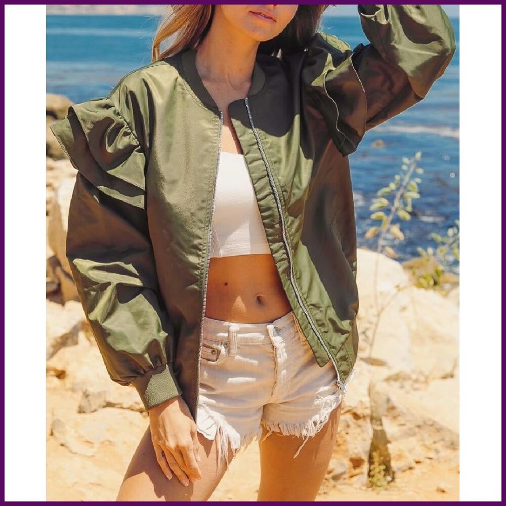 Lightweight Bomber Jacket With Ruffle Sleeves, Zi… - image 4